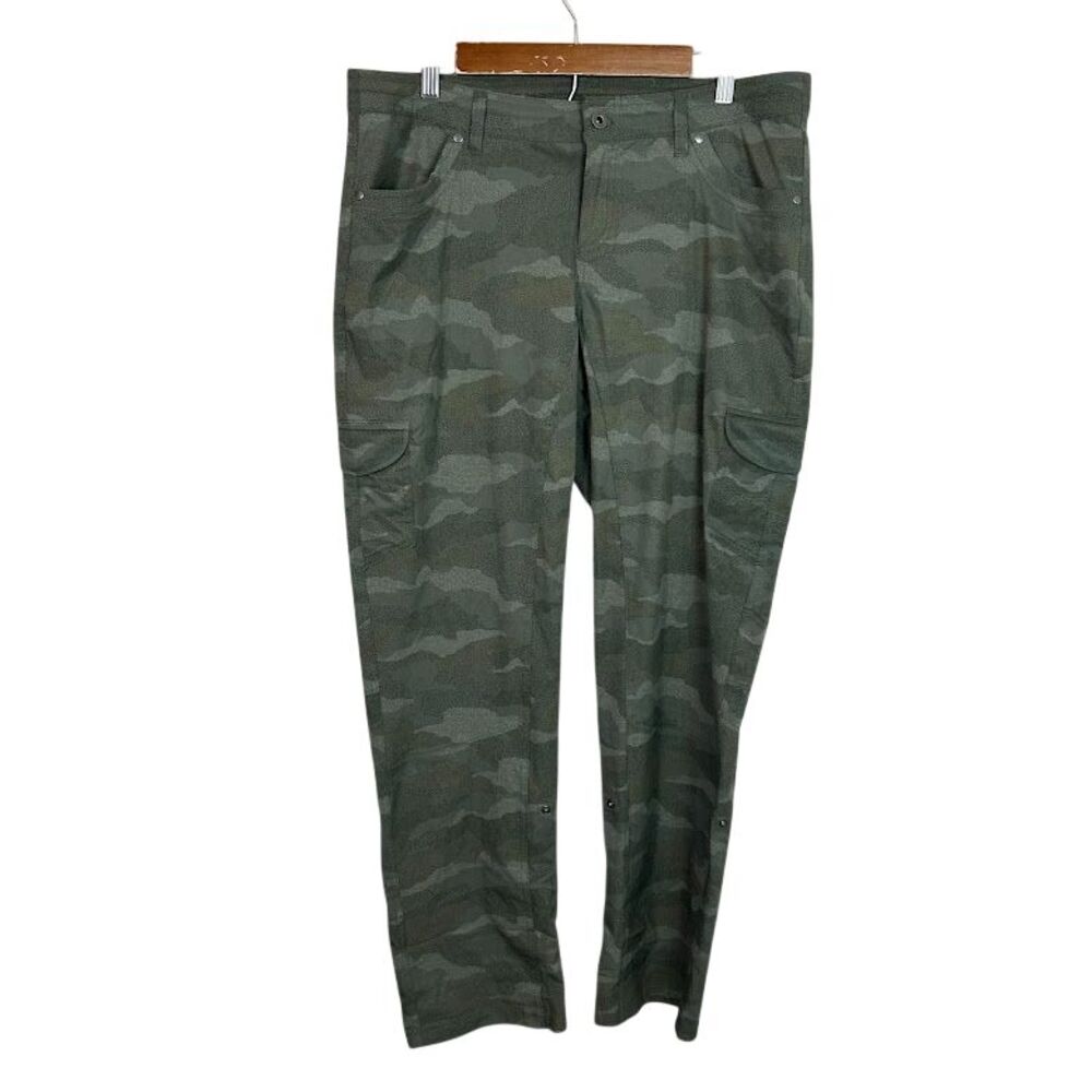 KUHL Freeflex Roll-Up Hiking Pant Women 16 Green Camo Cargo Pocket Quick Dry UPF